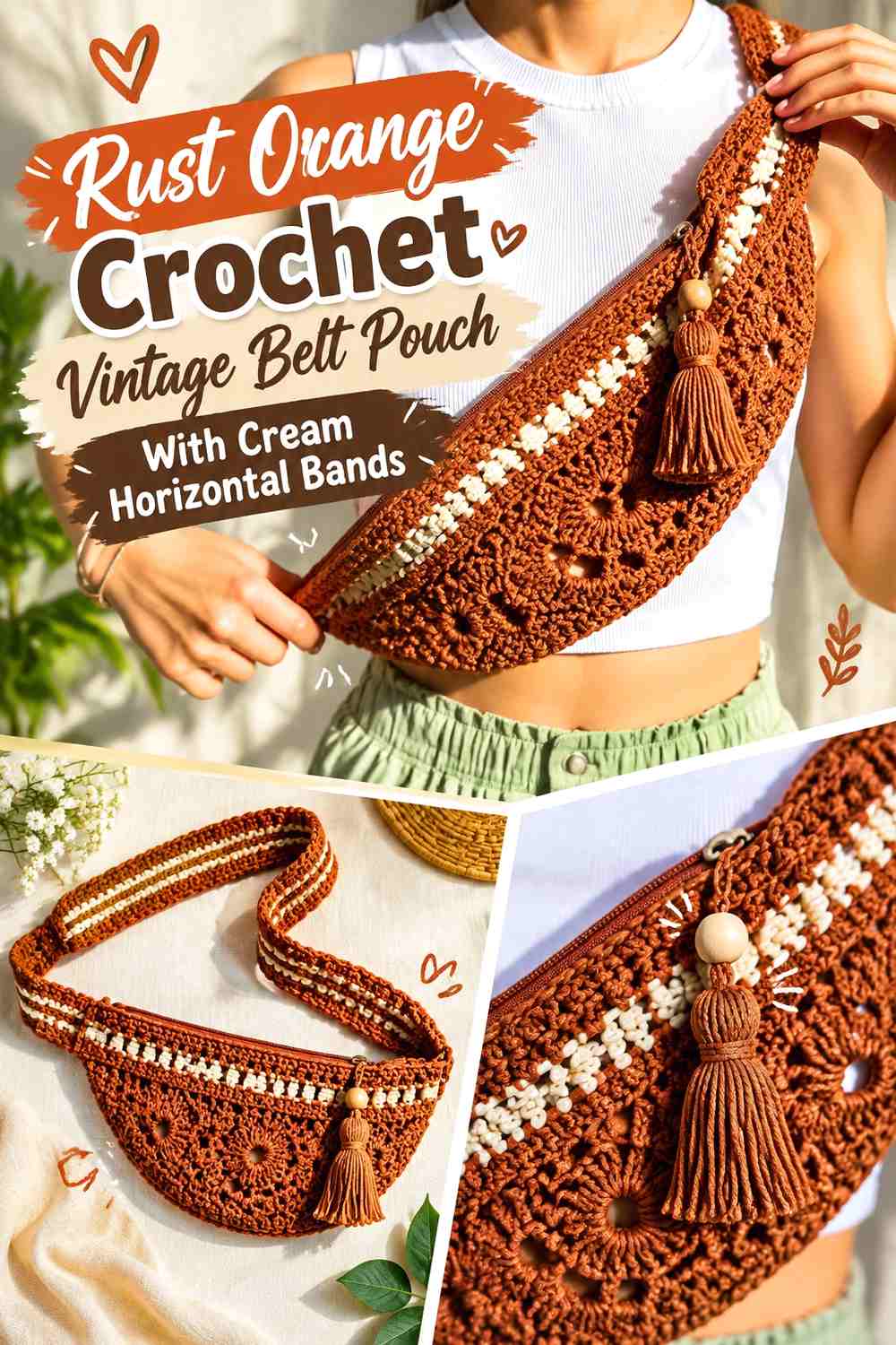 Rust Orange Crochet Vintage Belt Pouch With Cream Horizontal Bands
