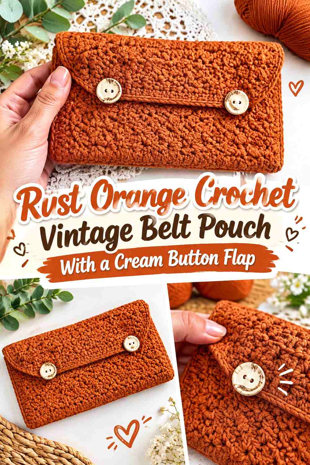 Rust Orange Crochet Vintage Belt Pouch With a Cream Button Flap