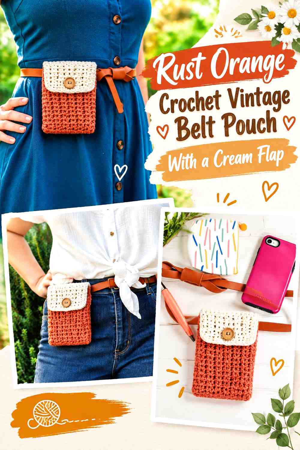 Rust Orange Crochet Vintage Belt Pouch With a Cream Flap