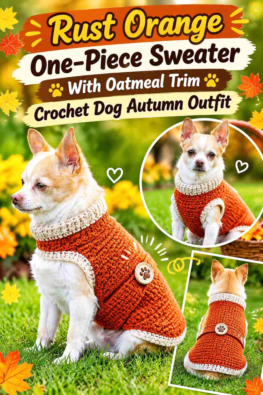 Rust Orange One-Piece Sweater With Oatmeal Trim Crochet Dog Autumn Outfit