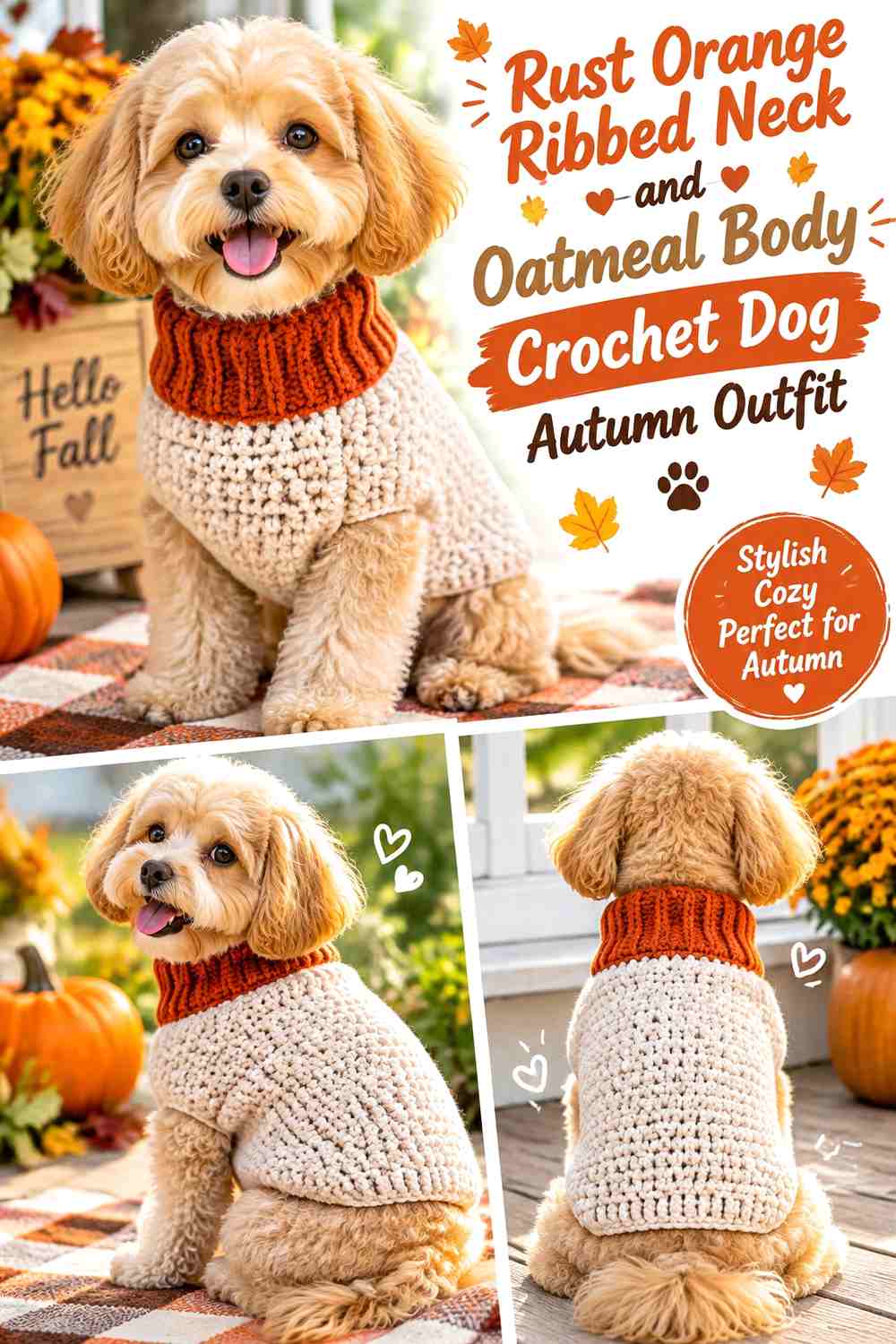 Rust Orange Ribbed Neck and Oatmeal Body Crochet Dog Autumn Outfit