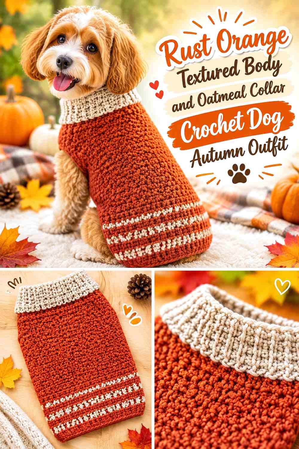 Rust Orange Textured Body and Oatmeal Collar Crochet Dog Autumn Outfit