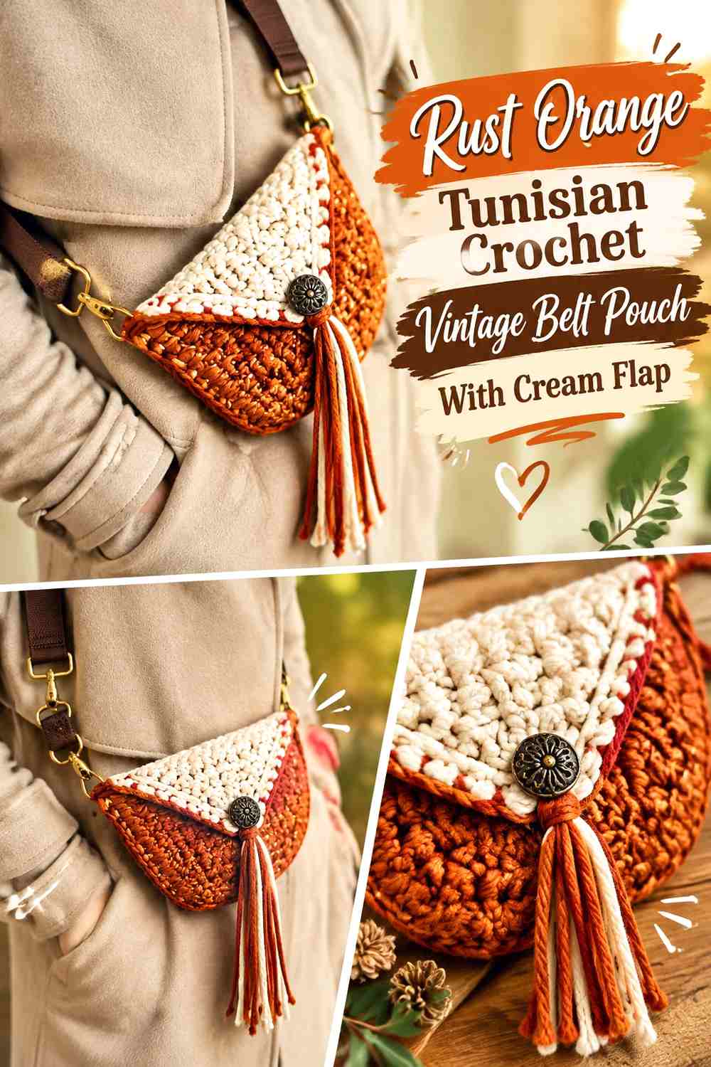 Rust Orange Tunisian Crochet Vintage Belt Pouch With Cream Flap