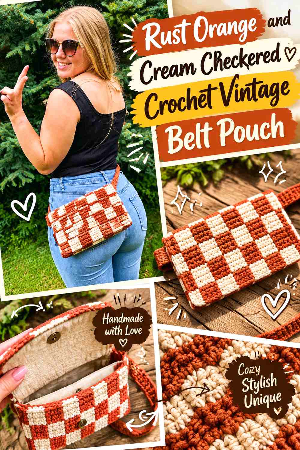 Rust Orange and Cream Checkered Crochet Vintage Belt Pouch
