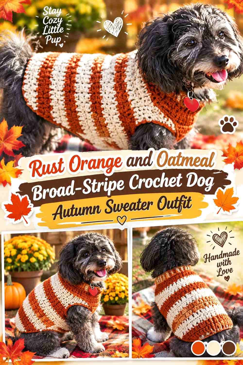 Rust Orange and Oatmeal Broad-Stripe Crochet Dog Autumn Sweater Outfit