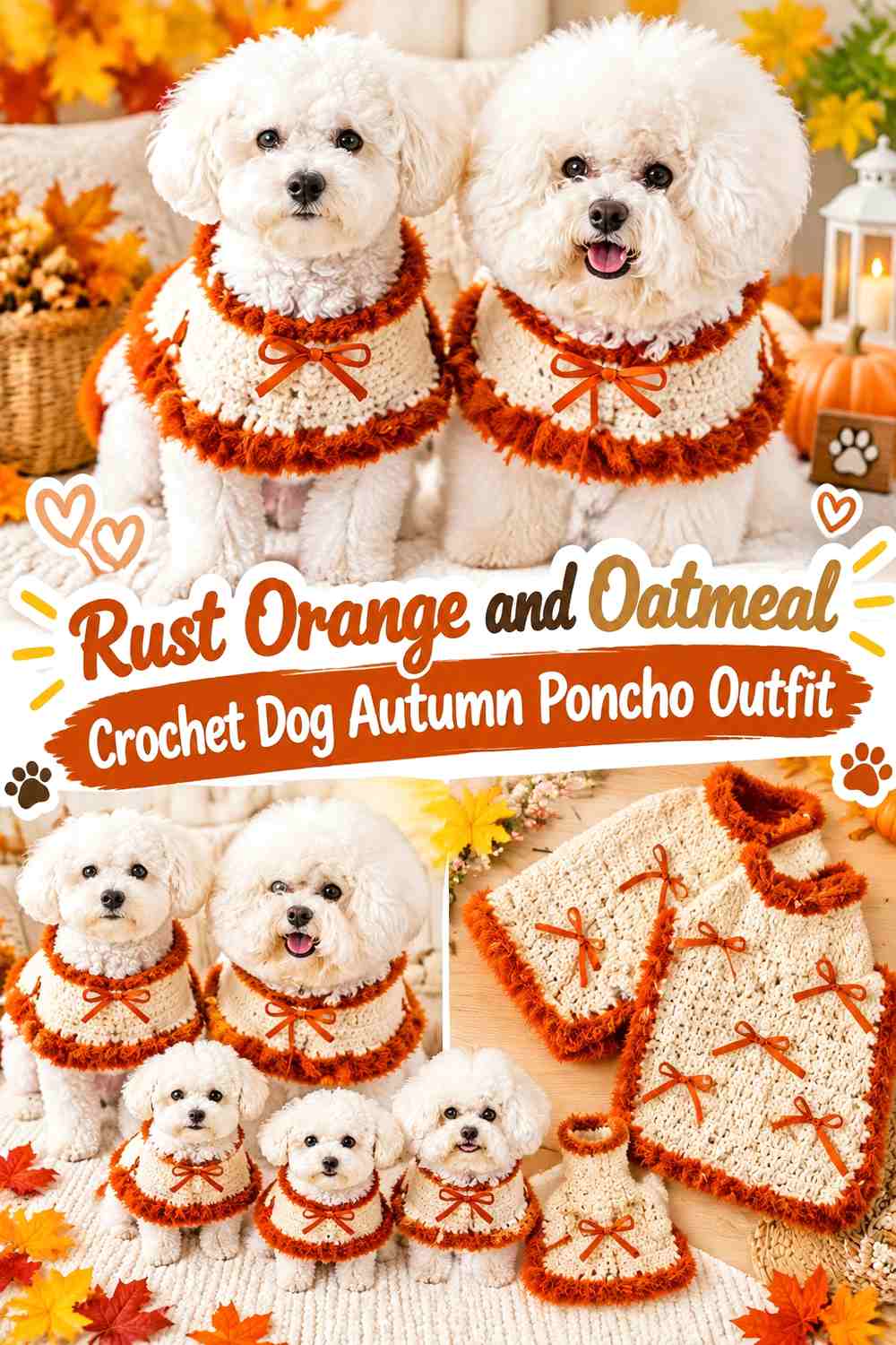 Rust Orange and Oatmeal Crochet Dog Autumn Poncho Outfit