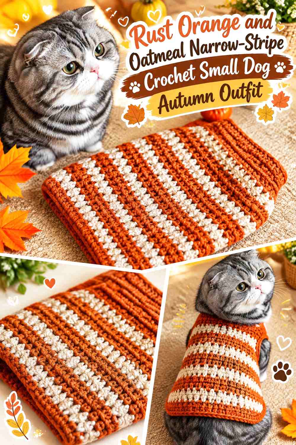 Rust Orange and Oatmeal Narrow-Stripe Crochet Small Dog Autumn Outfit