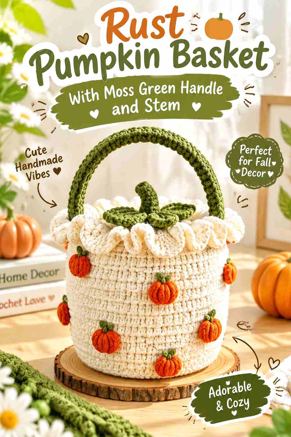 5. Rust Pumpkin Basket With Moss Green Handle And Stem