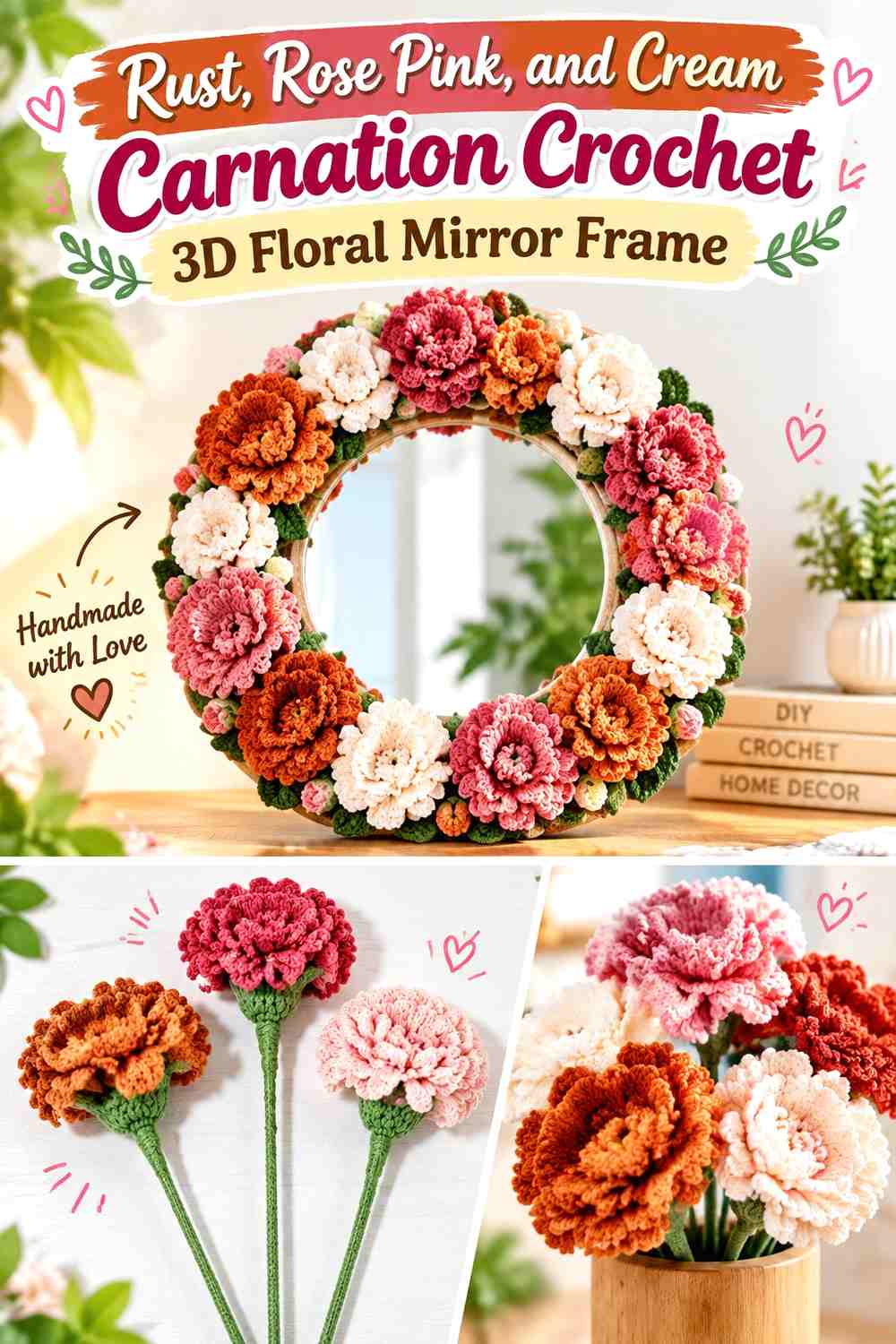 Rust, Rose Pink, and Cream Carnation Crochet 3D Floral Mirror Frame