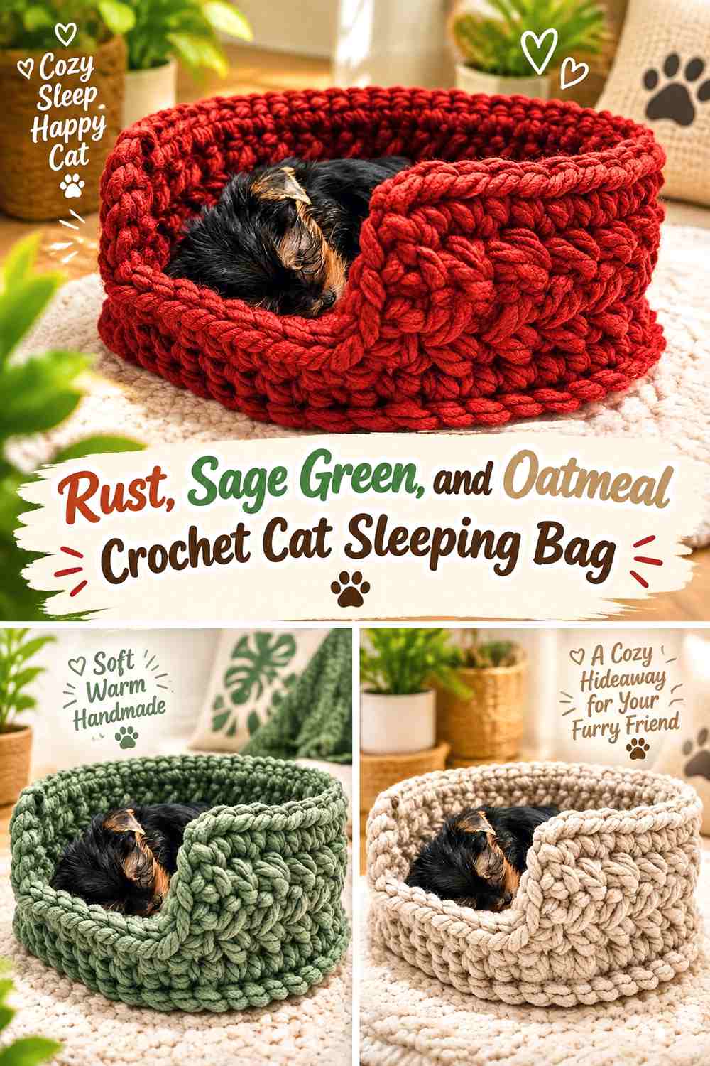 Rust, Sage Green, and Oatmeal Crochet Cat Sleeping Bag