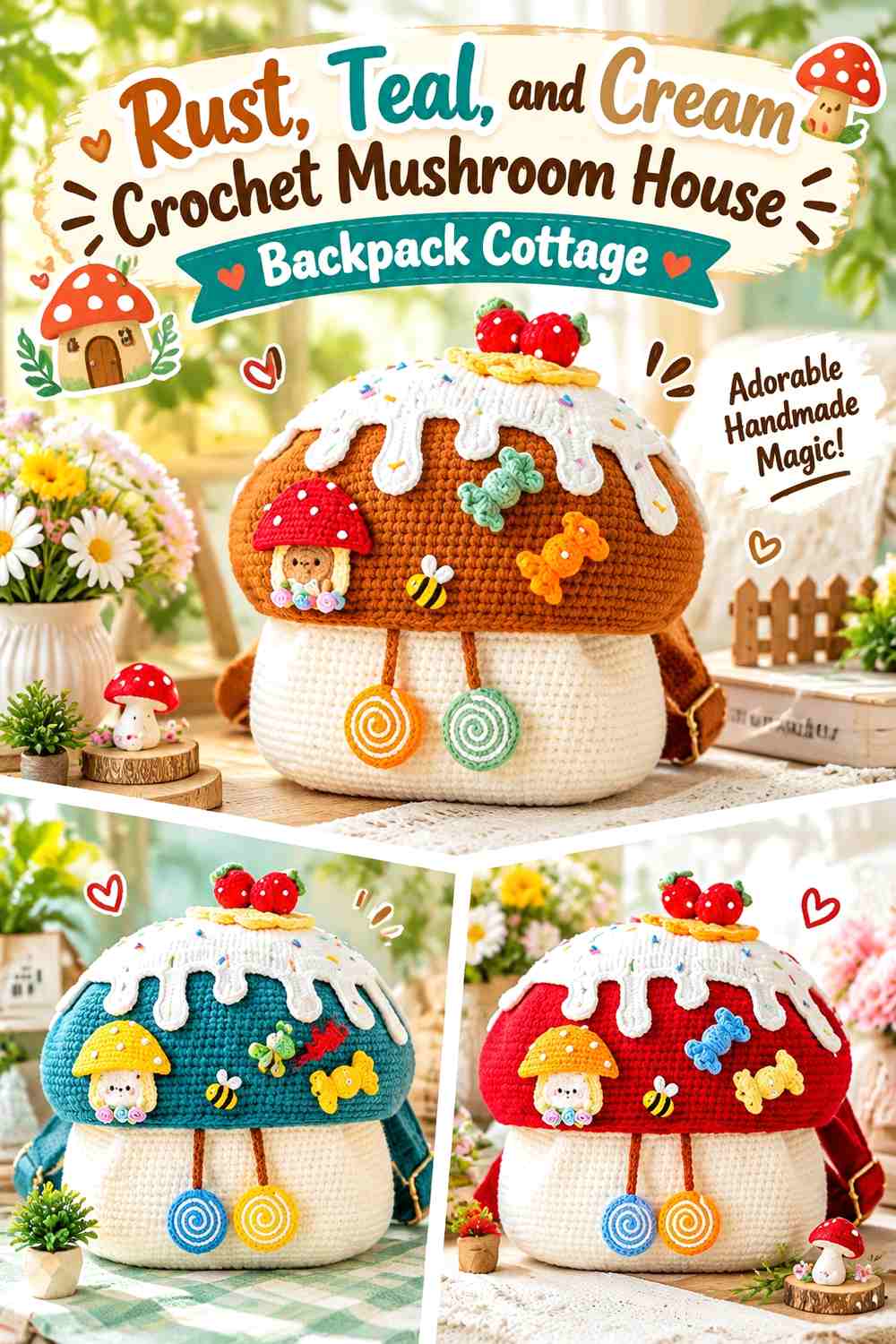 Rust, Teal, and Cream Crochet Mushroom House Backpack Cottage