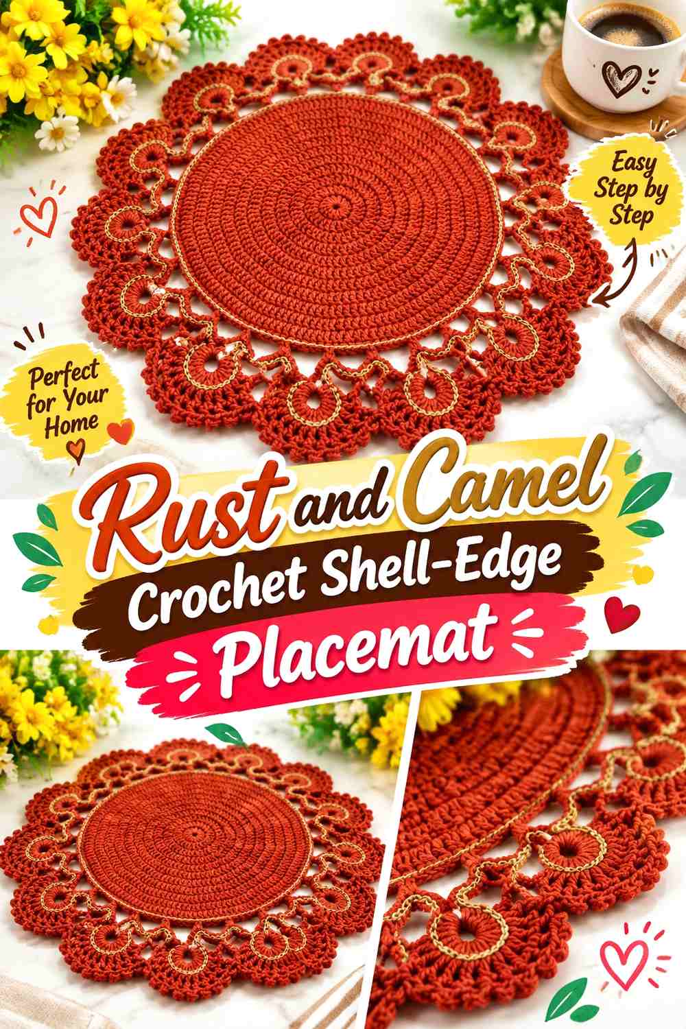 Rust and Camel Crochet Shell-Edge Placemat