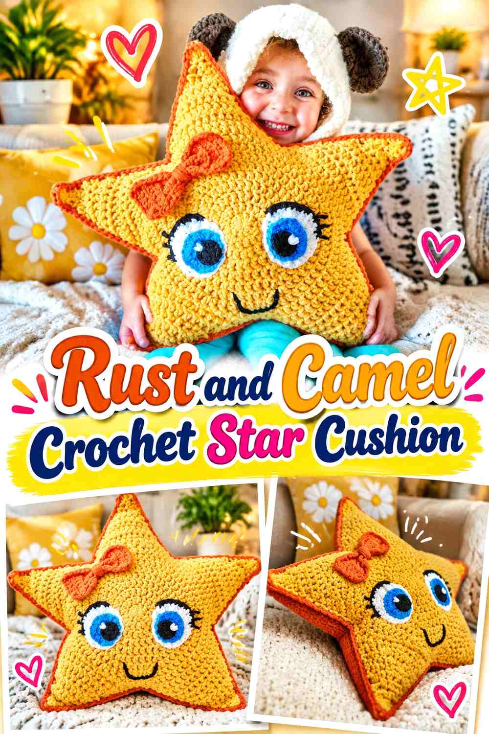 Rust and Camel Crochet Star Cushion