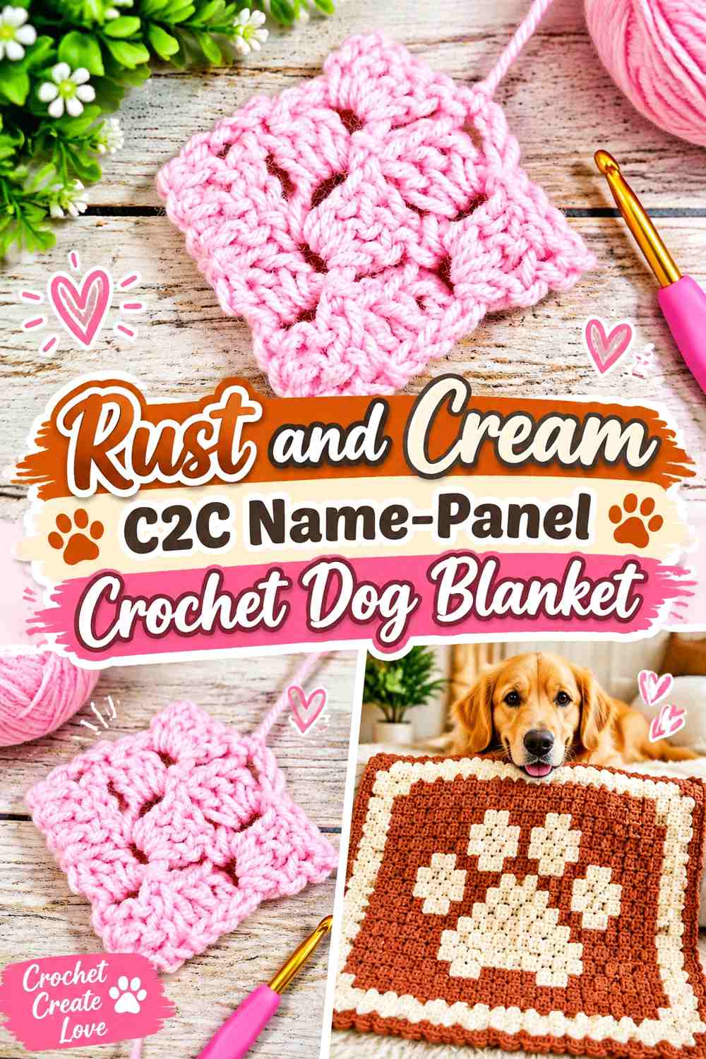 Rust and Cream C2C Name-Panel Crochet Dog Blanket