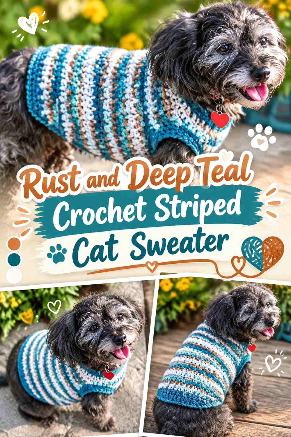 Rust and Deep Teal Crochet Striped Cat Sweater