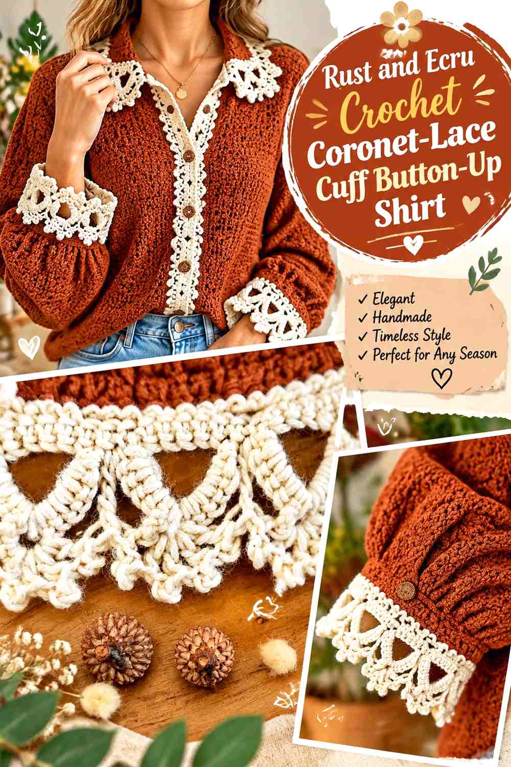 Rust and Ecru Crochet Coronet-Lace Cuff Button-Up Shirt
