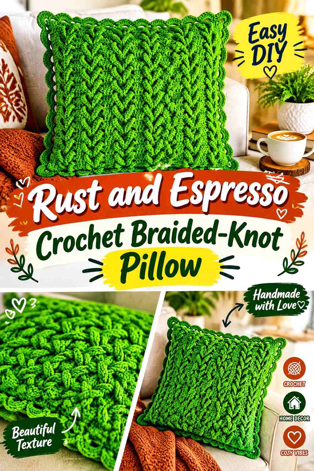 Rust and Espresso Crochet Braided-Knot Pillow