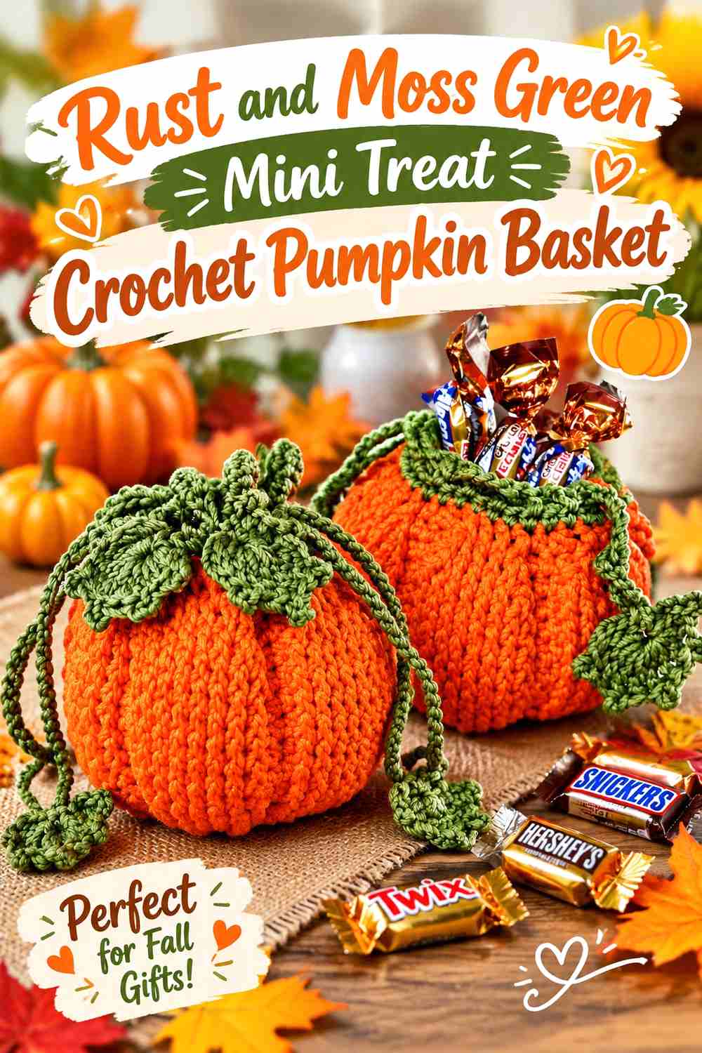 14. Rust And Moss Green Mini Treat Crochet Pumpkin Basket
