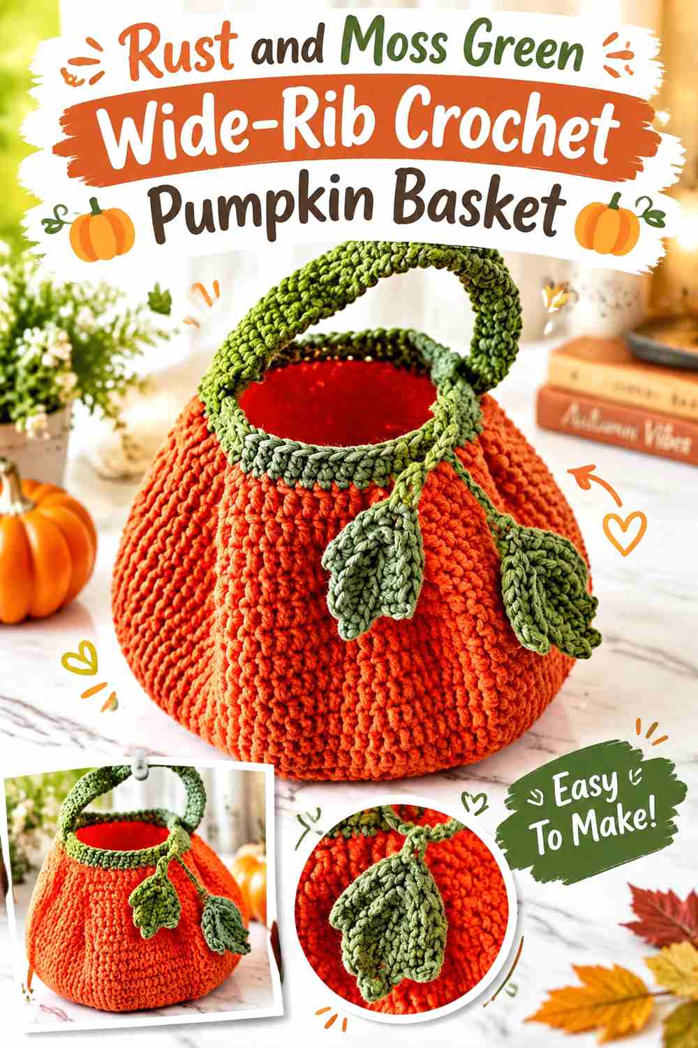 8. Rust And Moss Green Wide Rib Crochet Pumpkin Basket