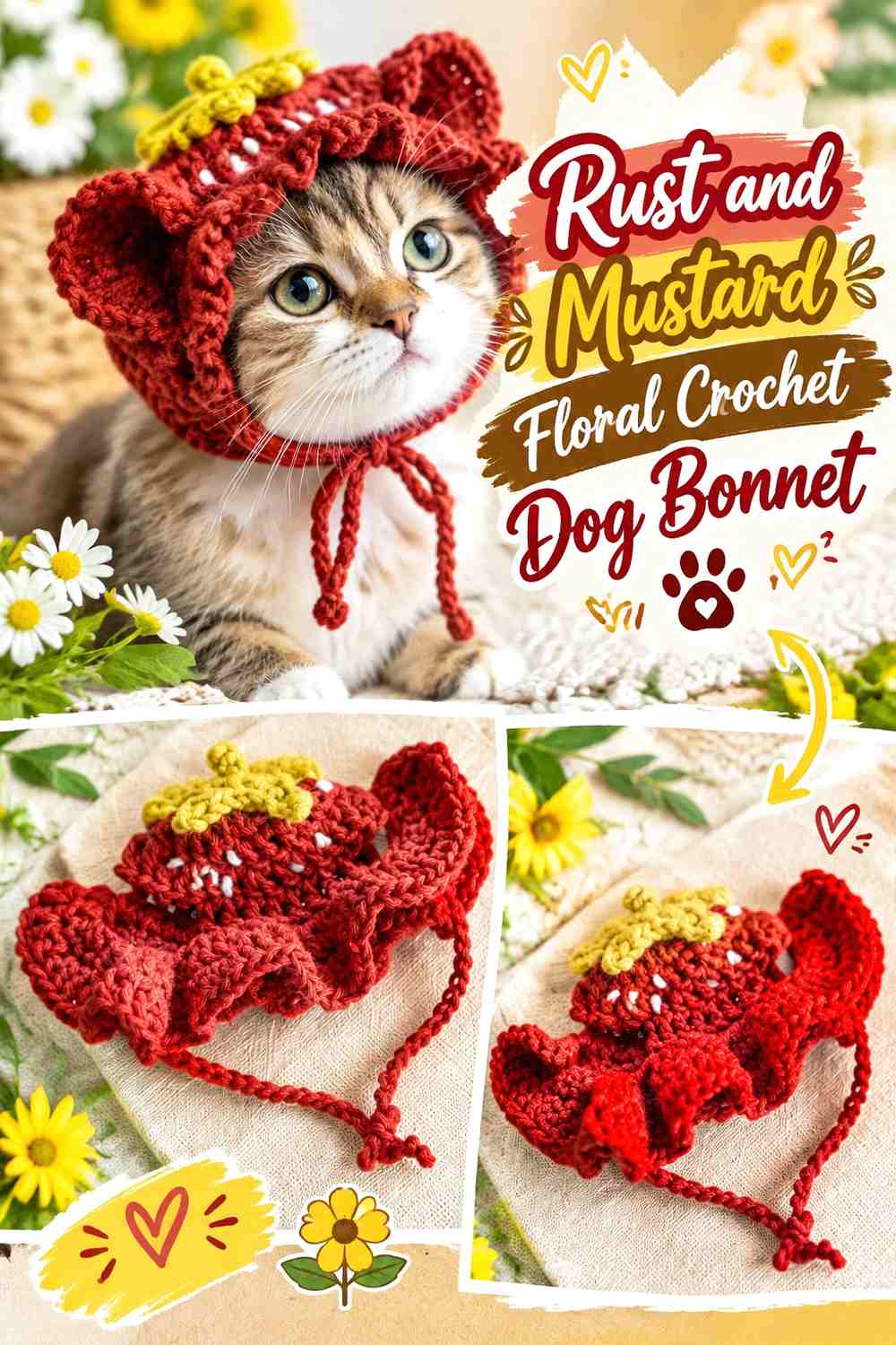 Rust and Mustard Floral Crochet Dog Bonnet
