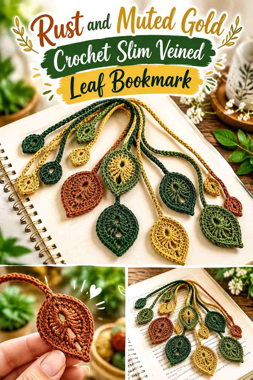 Rust and Muted Gold Crochet Slim Veined Leaf Bookmark