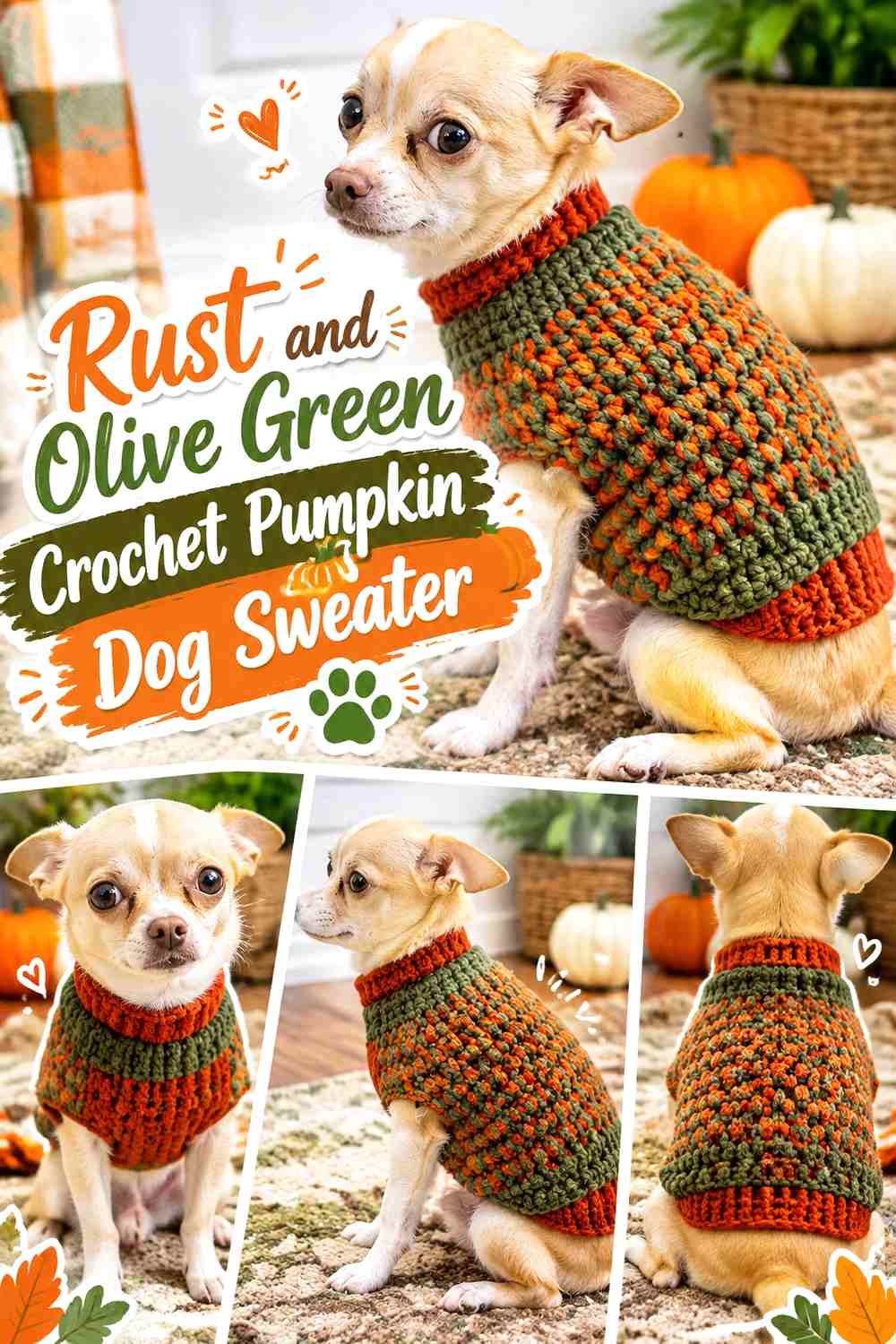 Rust and Olive Green Crochet Pumpkin Dog Sweater