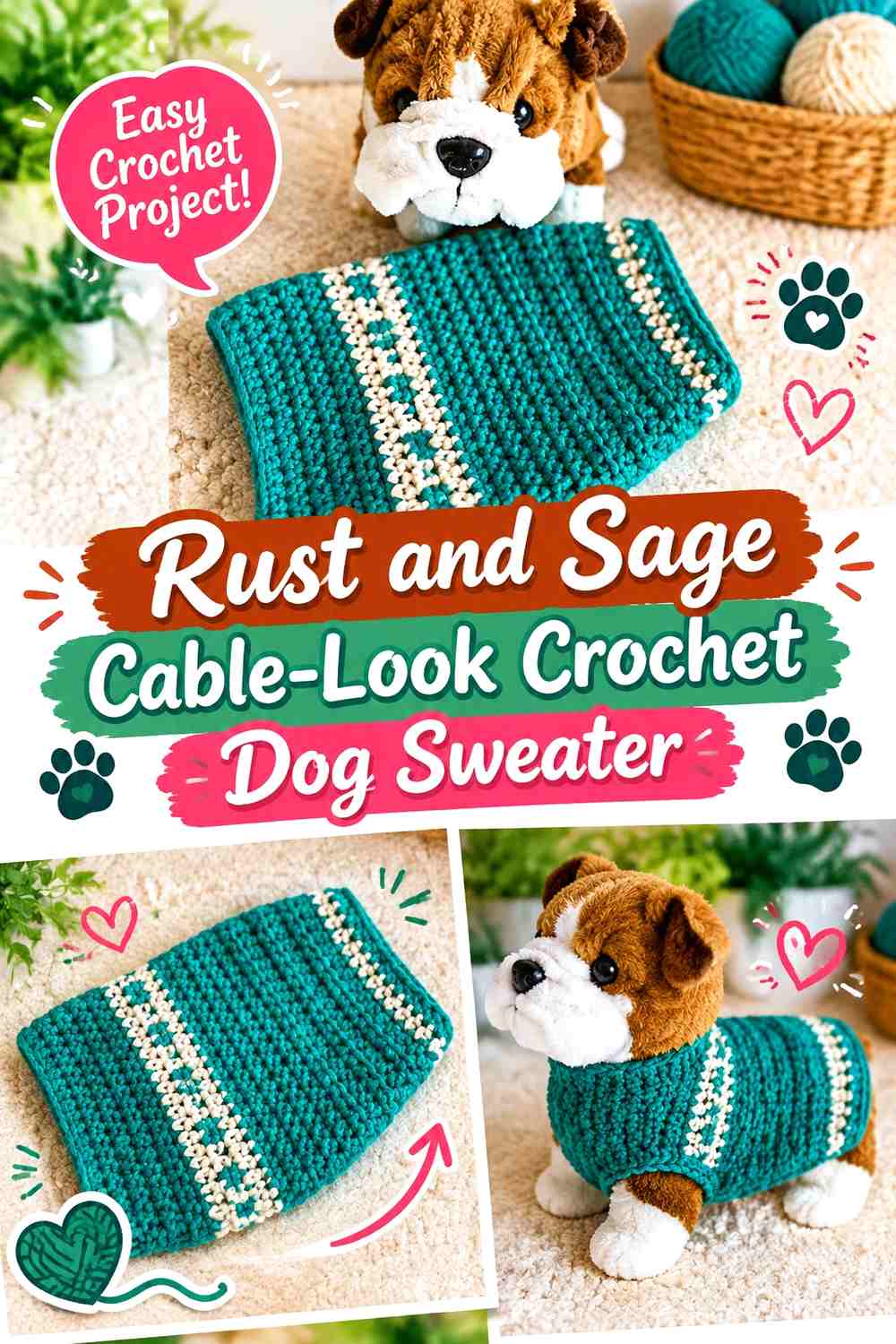 Rust and Sage Cable-Look Crochet Dog Sweater