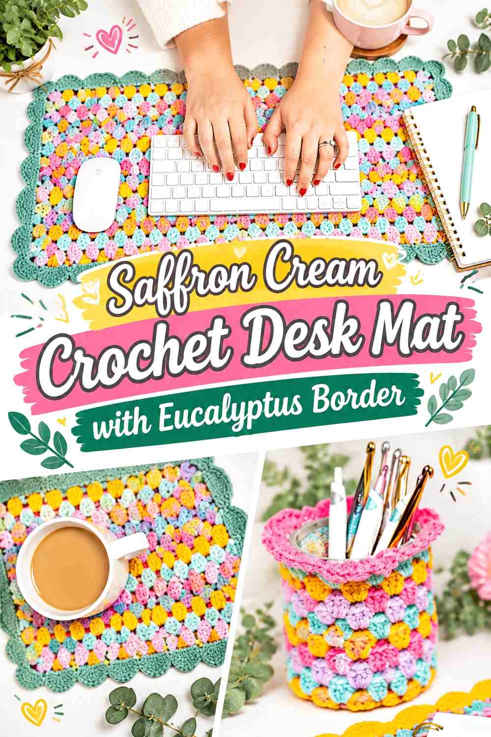 Saffron Cream Crochet Desk Mat with Eucalyptus Border