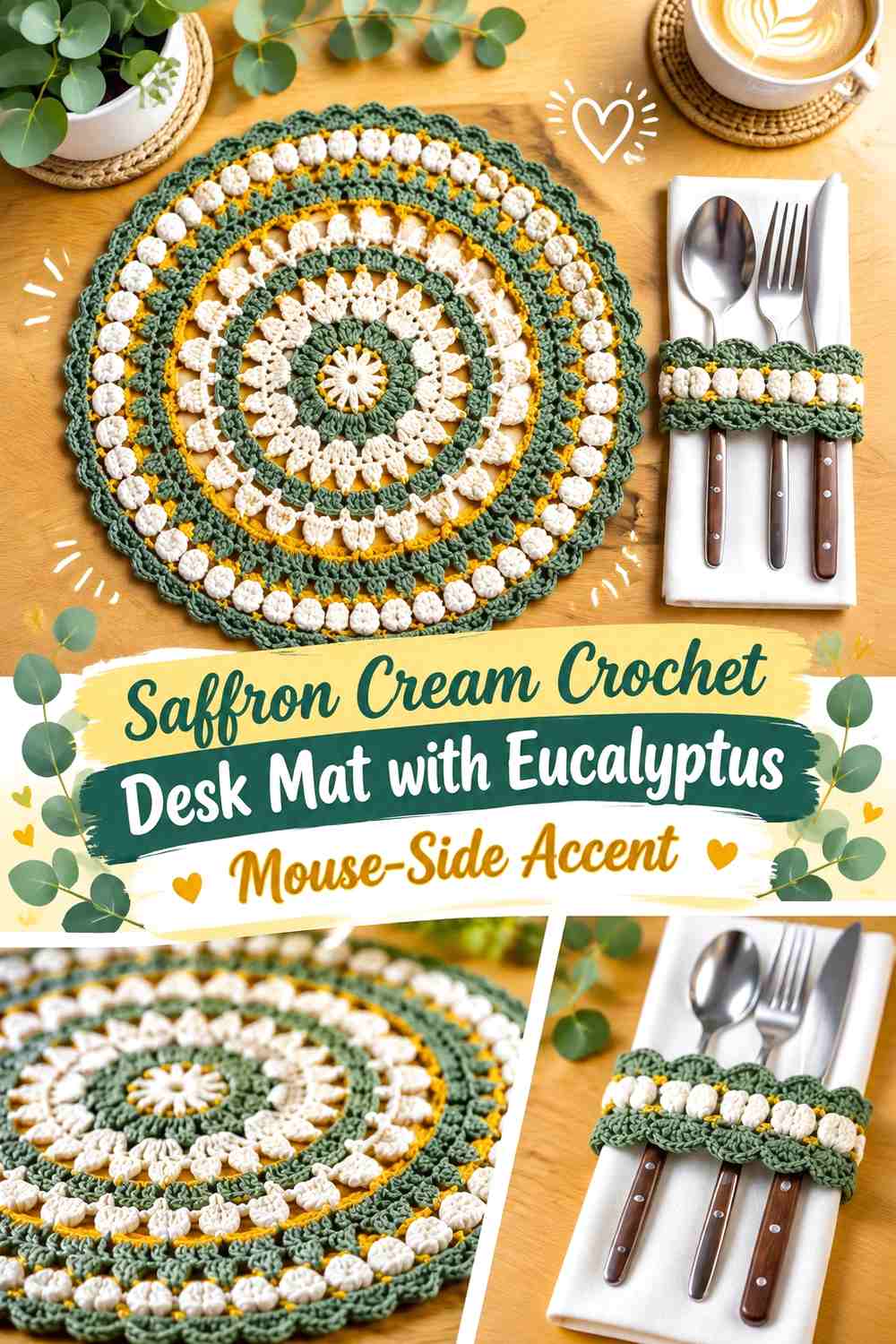 Saffron Cream Crochet Desk Mat with Eucalyptus Mouse Side Accent