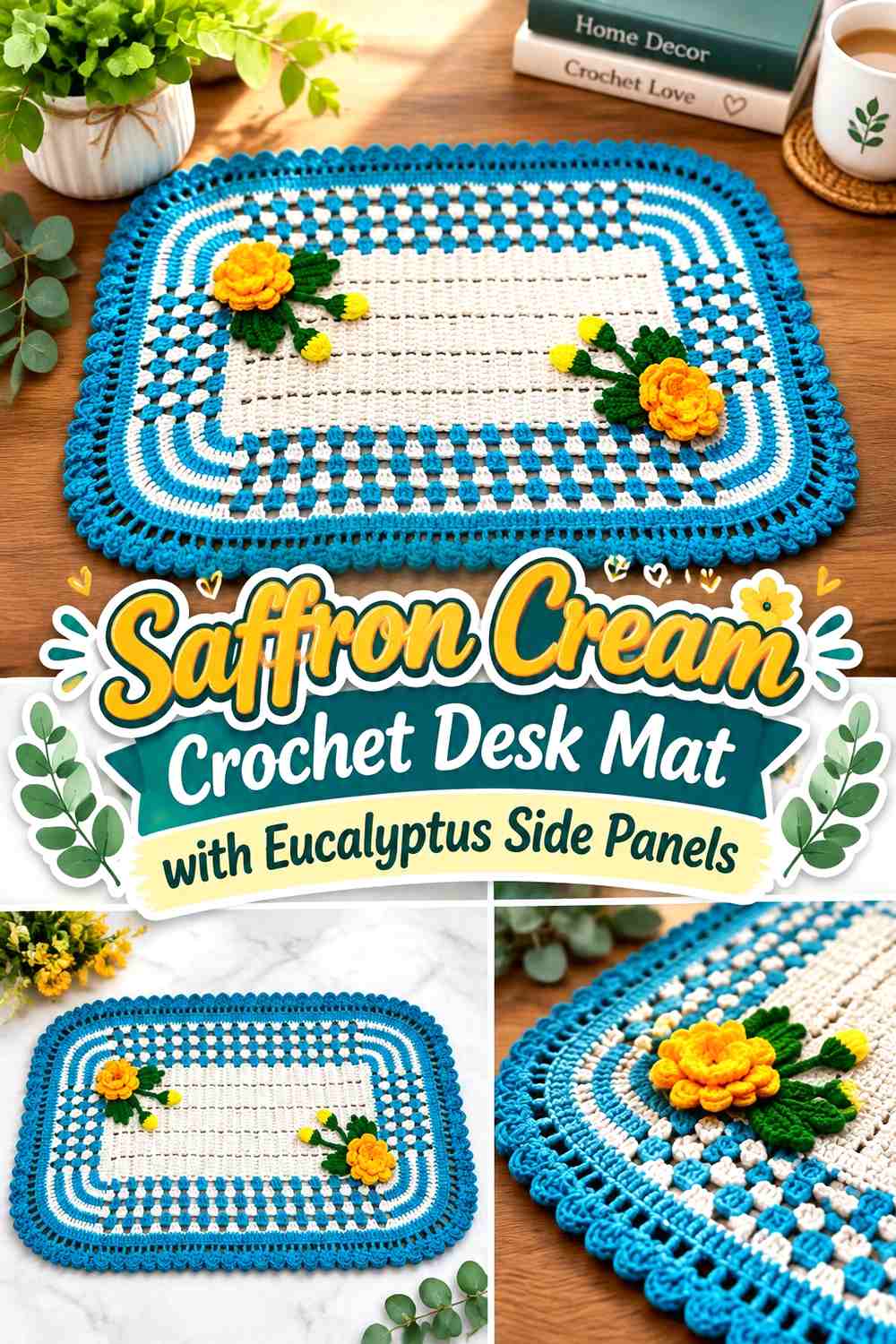 Saffron Cream Crochet Desk Mat with Eucalyptus Side Panels