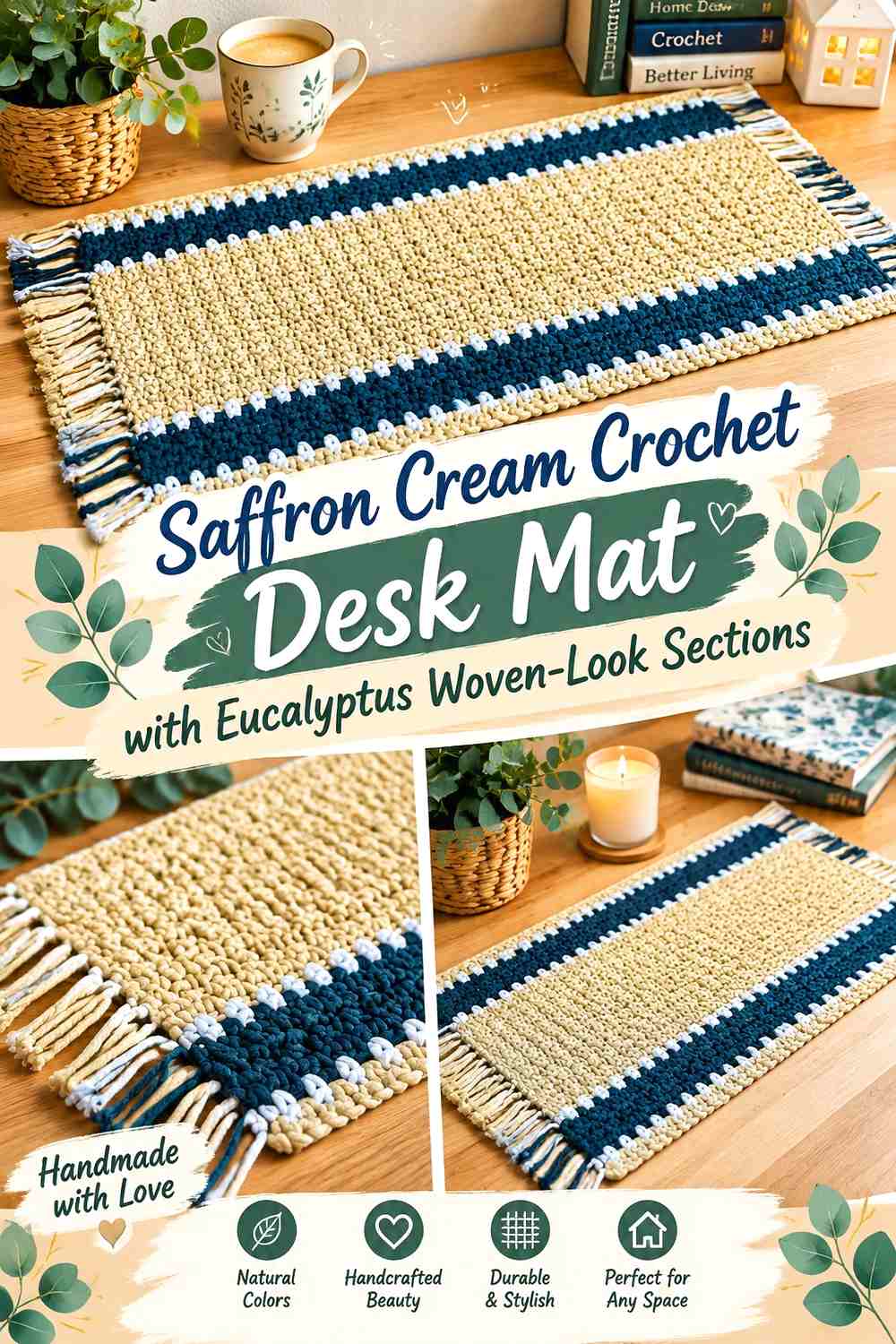 Saffron Cream Crochet Desk Mat with Eucalyptus Woven Look Sections
