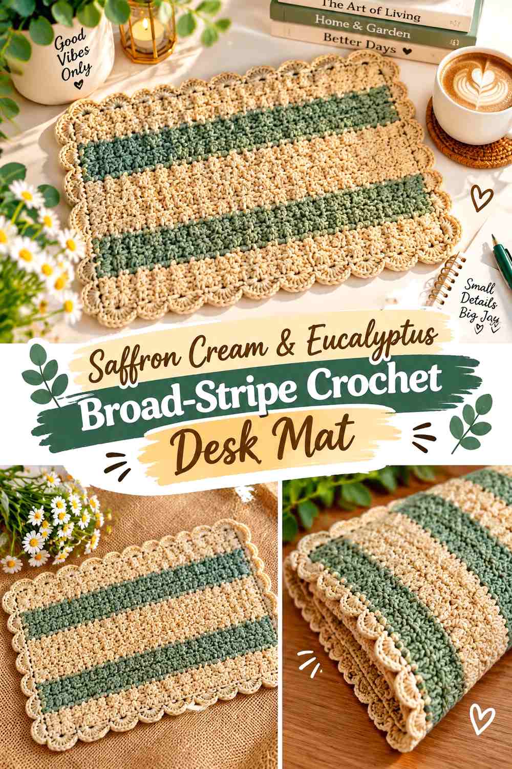Saffron Cream & Eucalyptus Broad Stripe Crochet Desk Mat