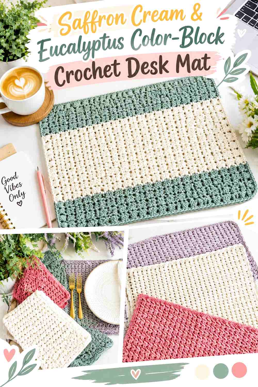 Saffron Cream & Eucalyptus Color Block Crochet Desk Mat