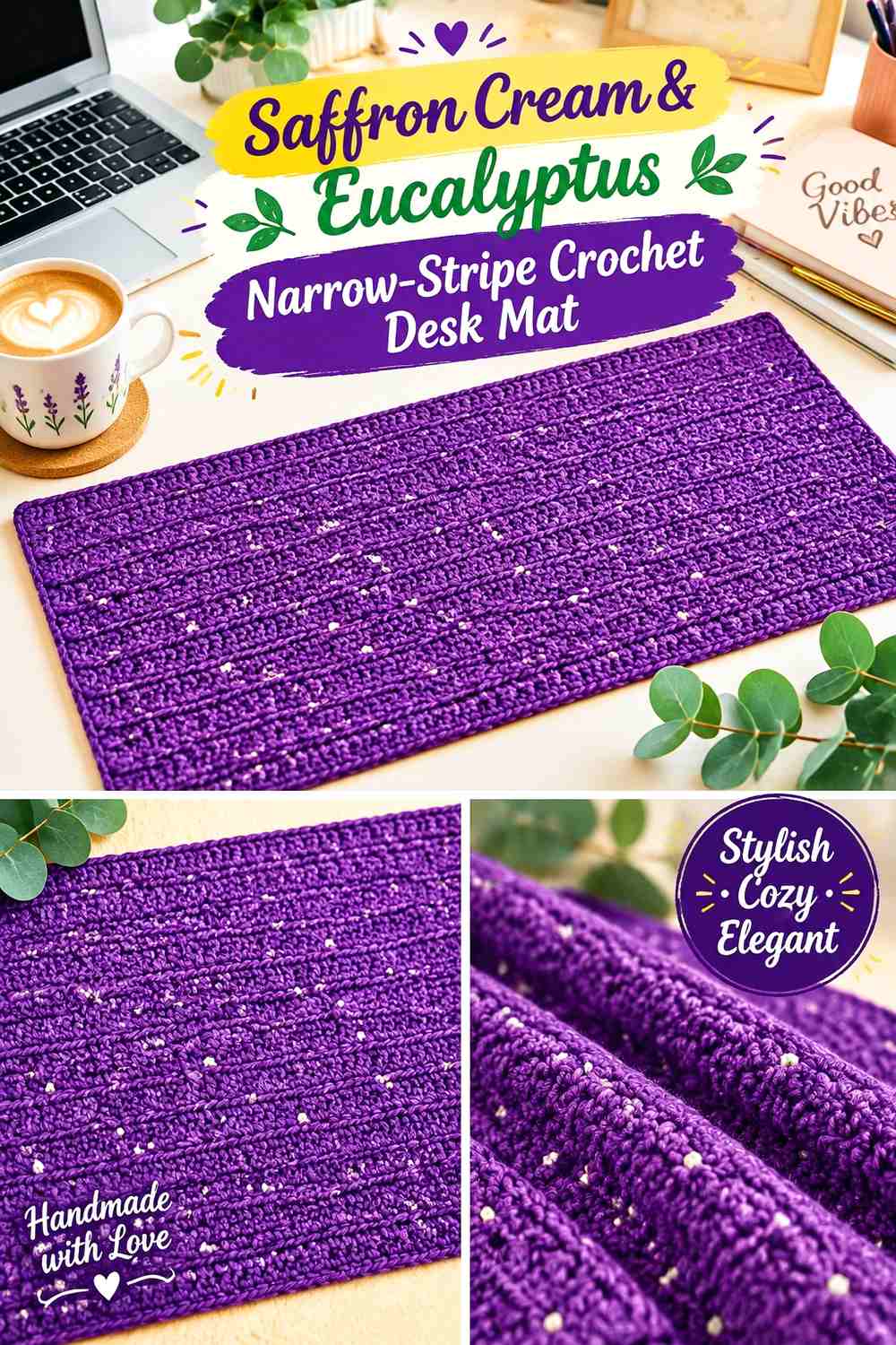 Saffron Cream & Eucalyptus Narrow Stripe Crochet Desk Mat
