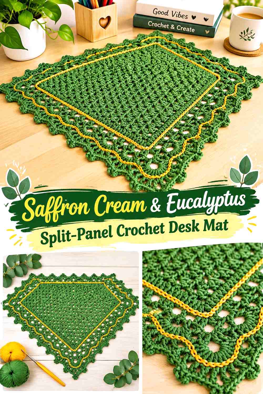 Saffron Cream & Eucalyptus Split Panel Crochet Desk Mat