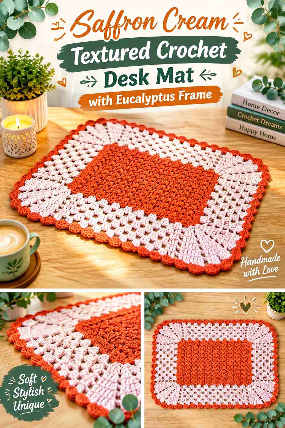 Saffron Cream Textured Crochet Desk Mat with Eucalyptus Frame