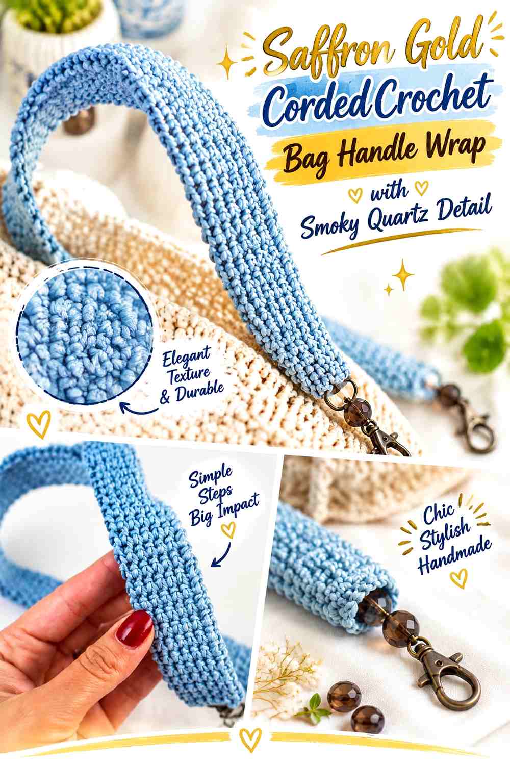 Saffron Gold Corded Crochet Bag Handle Wrap with Smoky Quartz Detail
