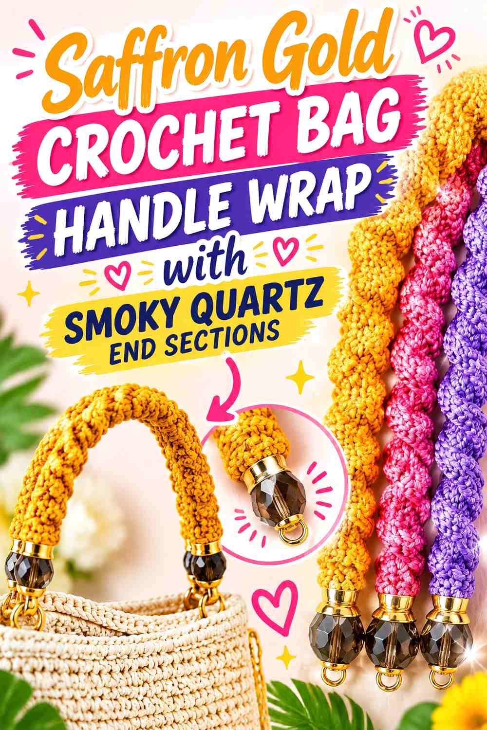 Saffron Gold Crochet Bag Handle Wrap with Smoky Quartz End Sections