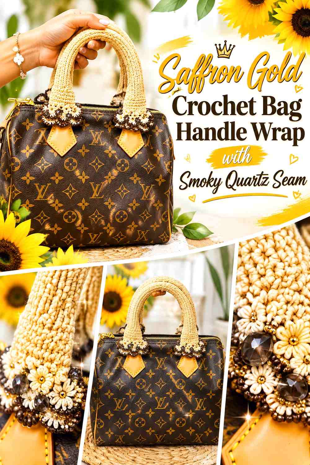 Saffron Gold Crochet Bag Handle Wrap with Smoky Quartz Seam