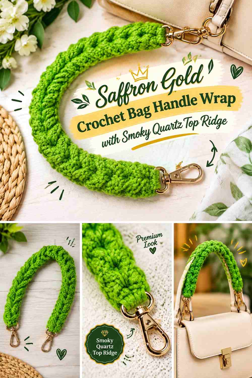 Saffron Gold Crochet Bag Handle Wrap with Smoky Quartz Top Ridge