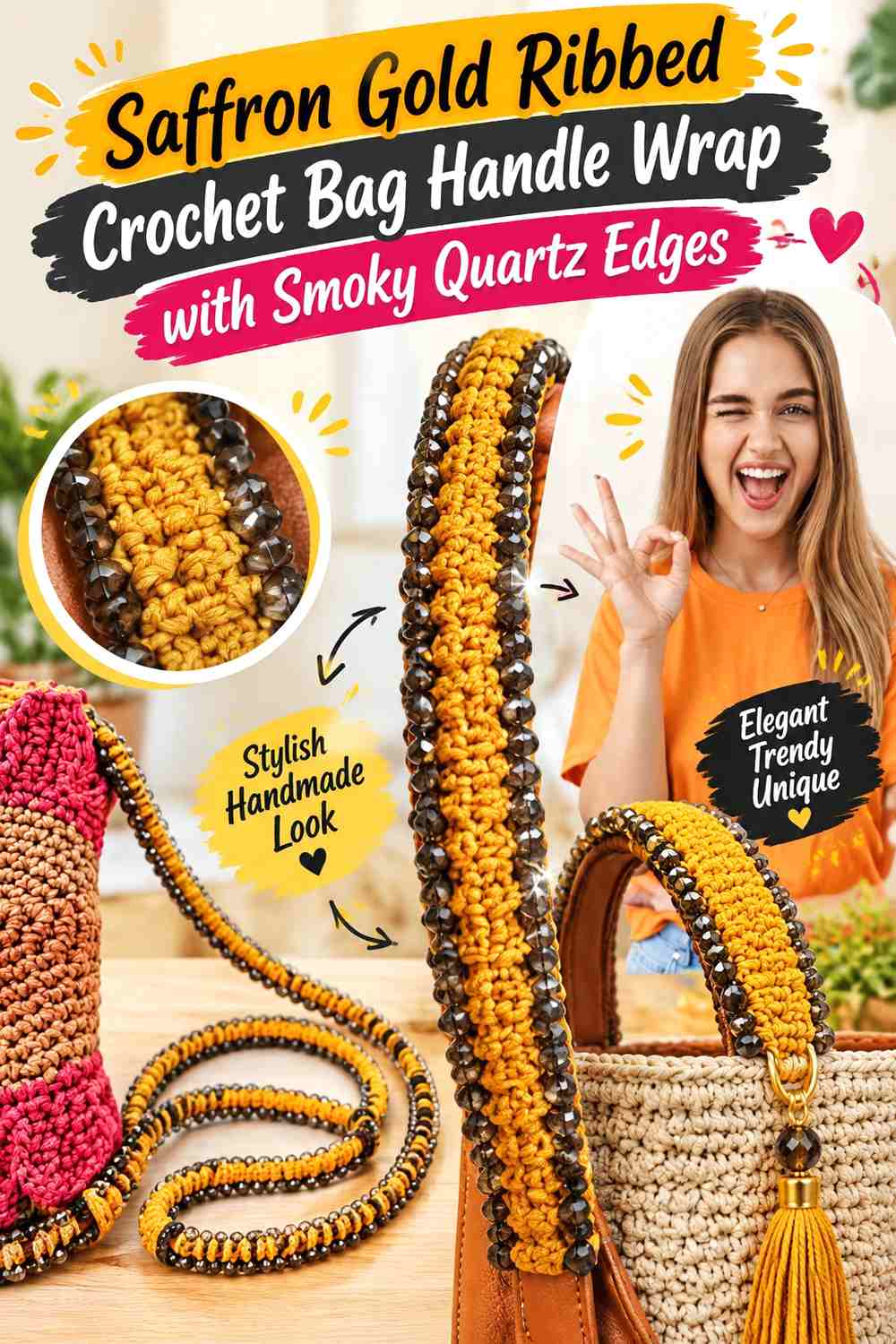 Saffron Gold Ribbed Crochet Bag Handle Wrap with Smoky Quartz Edges