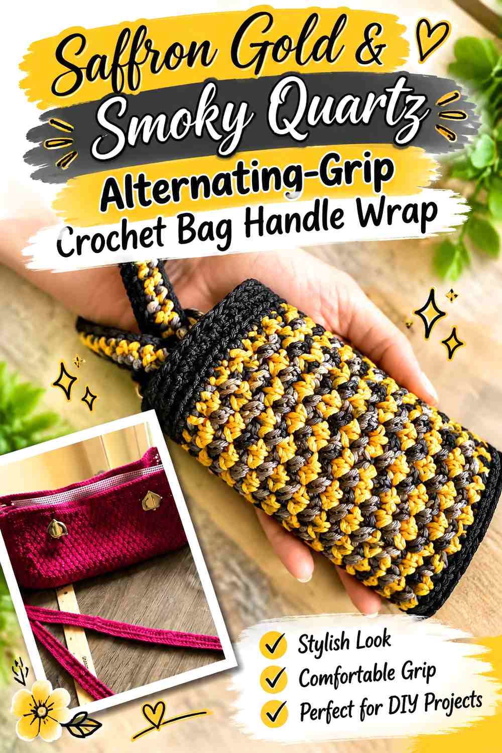 Saffron Gold & Smoky Quartz Alternating-Grip Crochet Bag Handle Wrap
