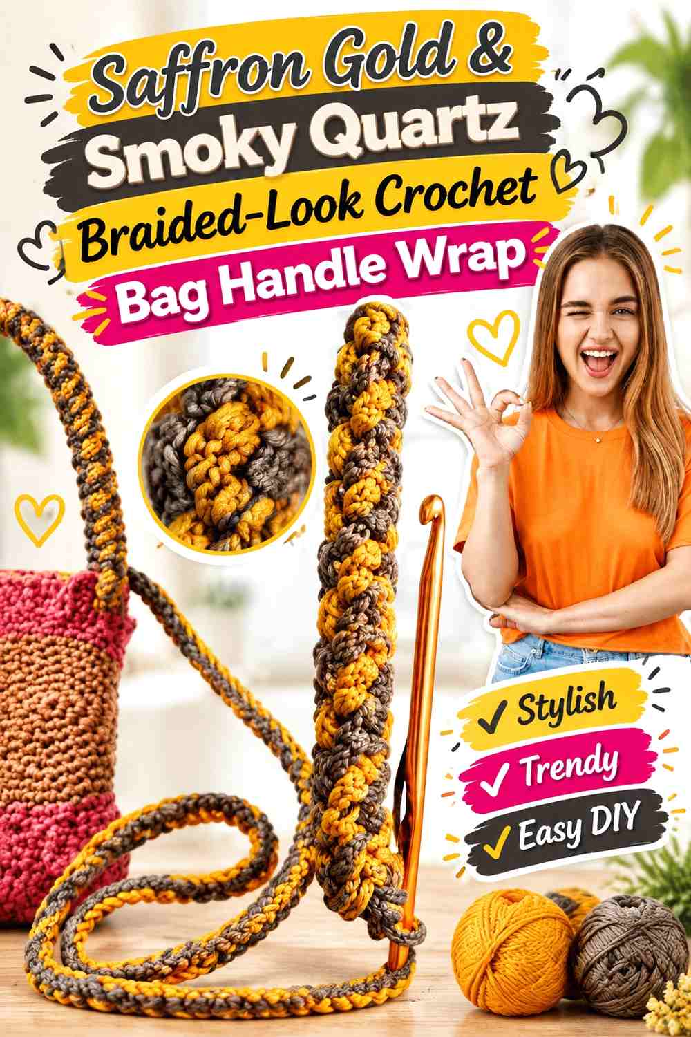 Saffron Gold & Smoky Quartz Braided-Look Crochet Bag Handle Wrap