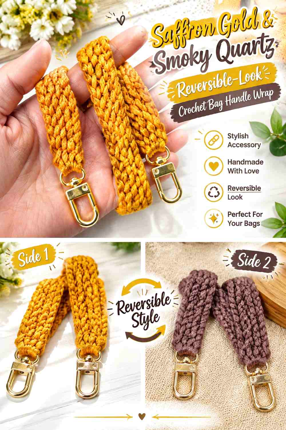 Saffron Gold & Smoky Quartz Reversible-Look Crochet Bag Handle Wrap