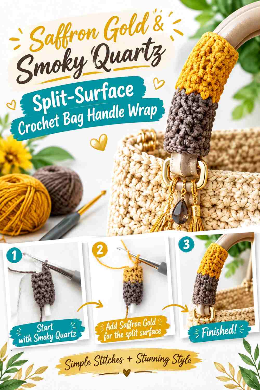 Saffron Gold & Smoky Quartz Split-Surface Crochet Bag Handle Wrap