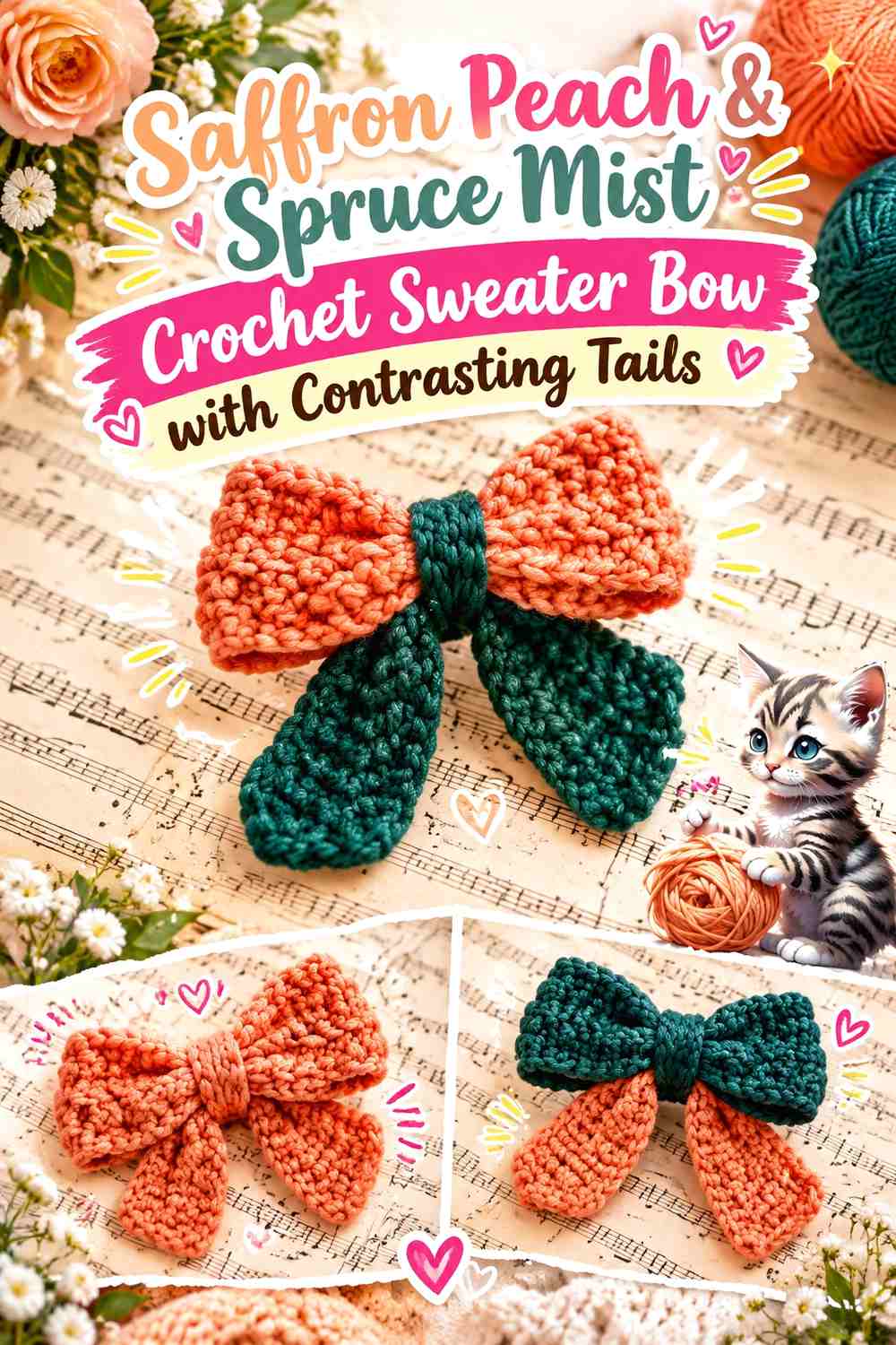 Saffron Peach & Spruce Mist Crochet Sweater Bow with Contrasting Tails