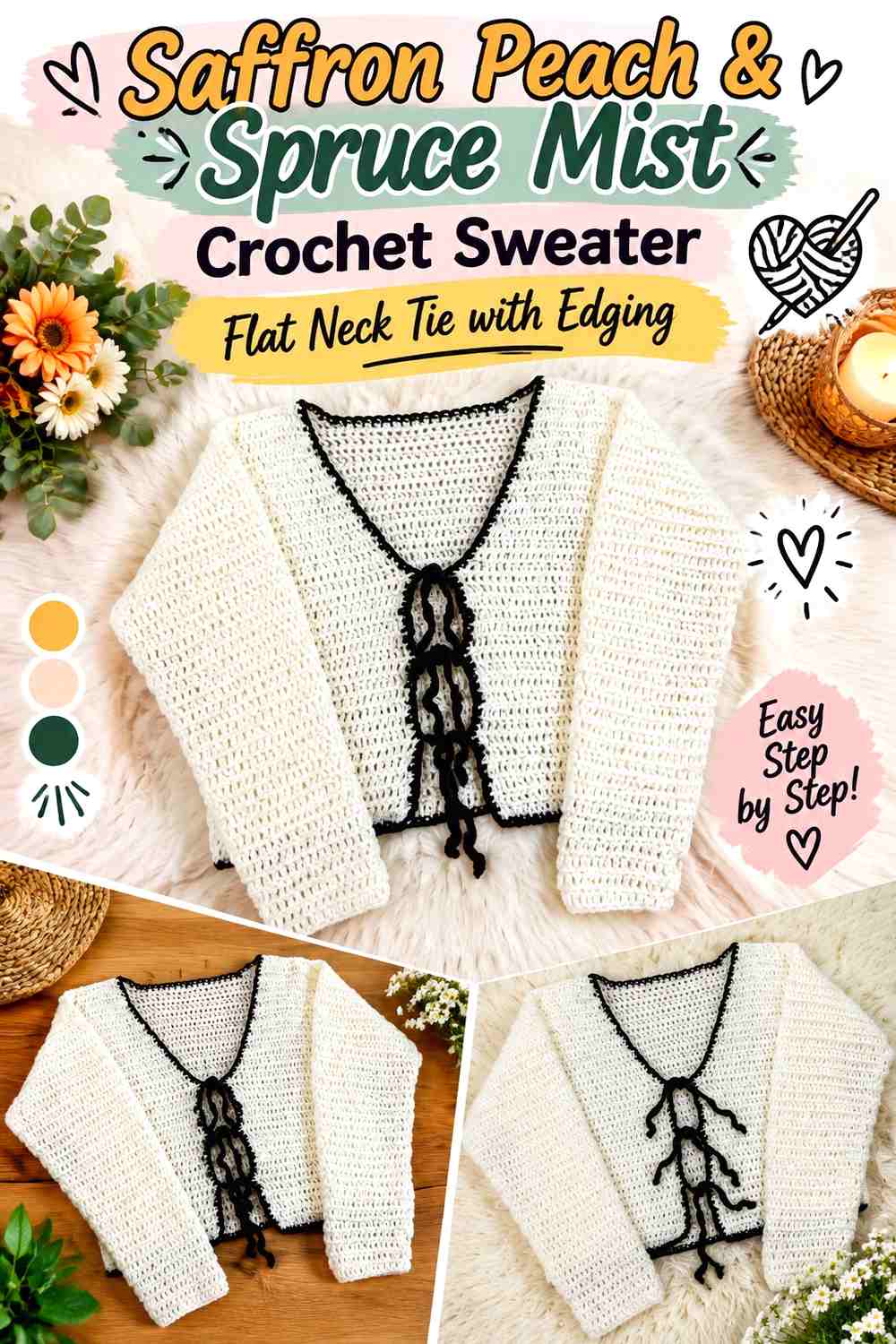 Saffron Peach & Spruce Mist Crochet Sweater Flat Neck Tie with Edging