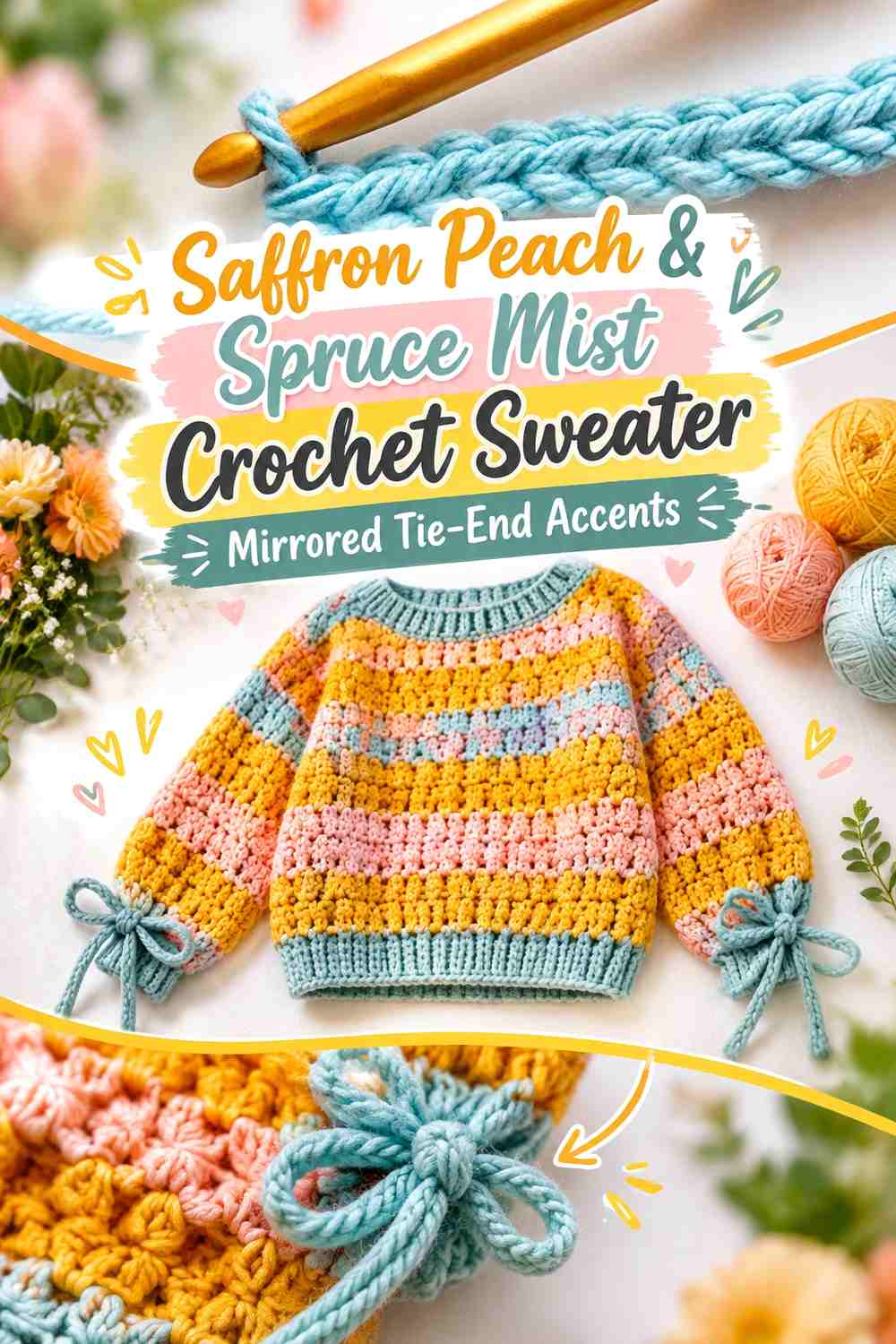 Saffron Peach & Spruce Mist Crochet Sweater Mirrored Tie-End Accents