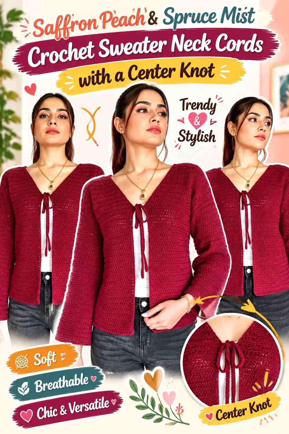 Saffron Peach & Spruce Mist Crochet Sweater Neck Cords with a Center Knot