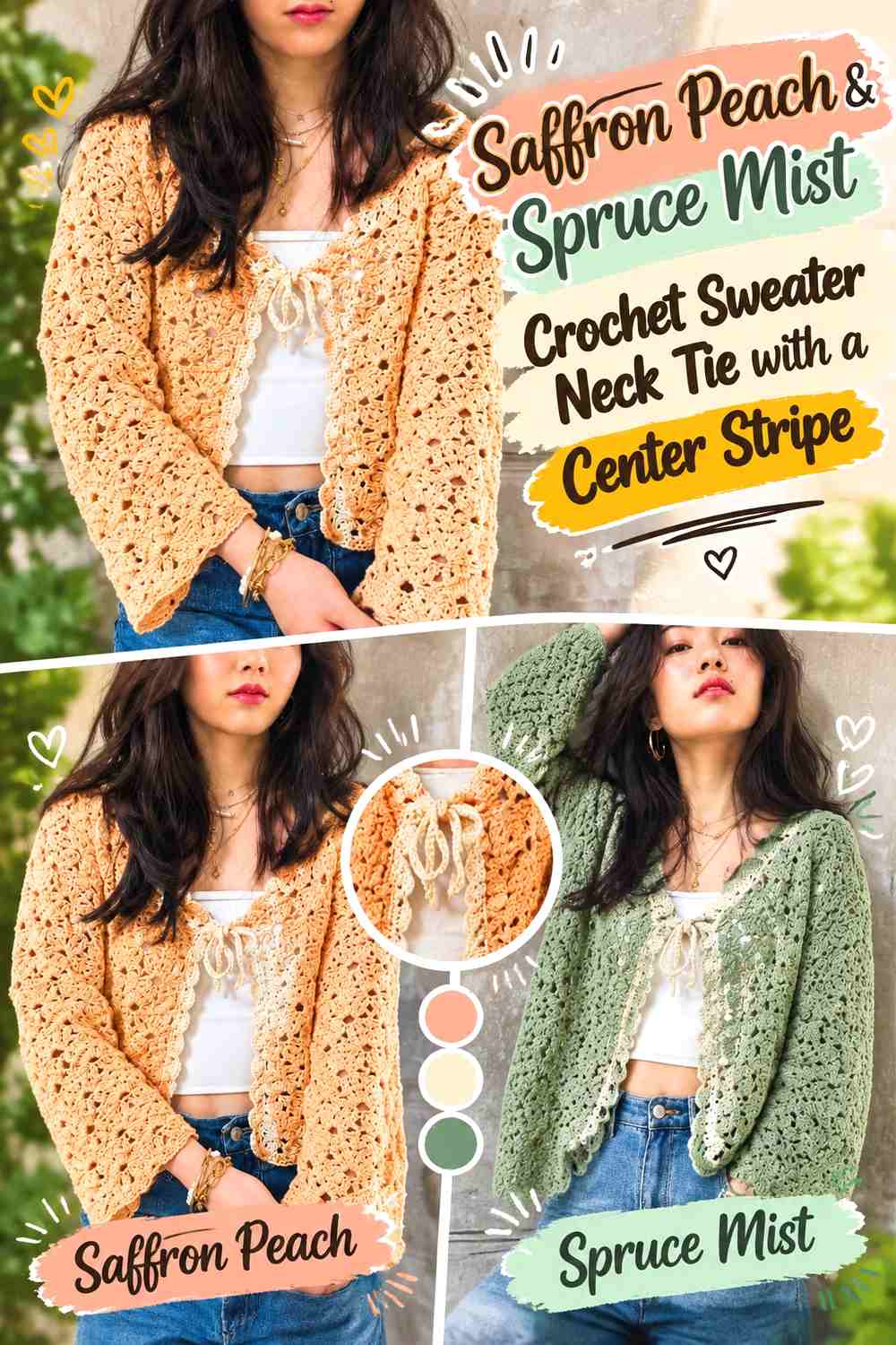 Saffron Peach & Spruce Mist Crochet Sweater Neck Tie with a Center Stripe